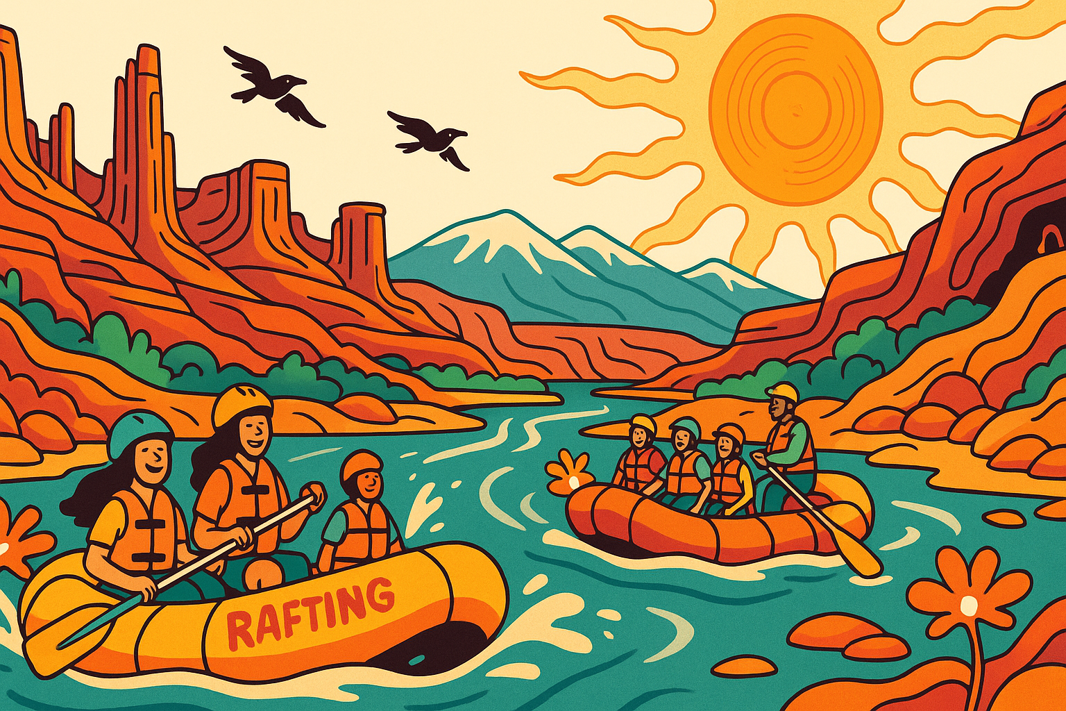 Groovy Moab River Rafting on the Colorado River Illustration of two rafts on the Colorado River in Castle Valley near Moab with Fisher Towers, Castleton Tower, and the La Sal Mountains under a vinyl record sun. Smiling adults and kids in bright PFDs enjoy gentle Class two to three splashes in a funky seventies cartoon style.